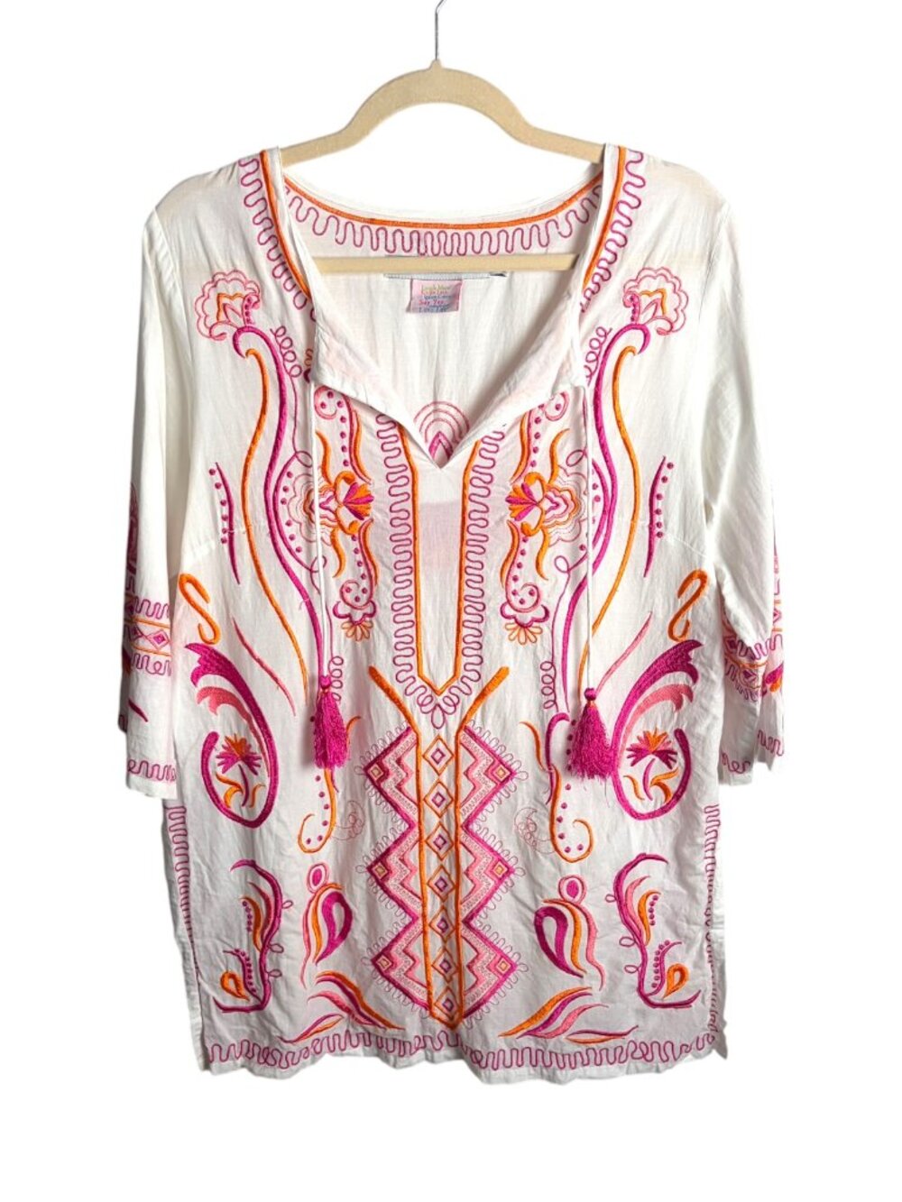 Gretchen Scott Size M Embroidered Tunic Top White Pink Tassel Tie Swim Cover Up